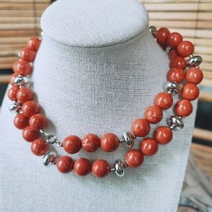 Faux Coral Swirled Marbled Bead Necklace Silver Accents Old Stock